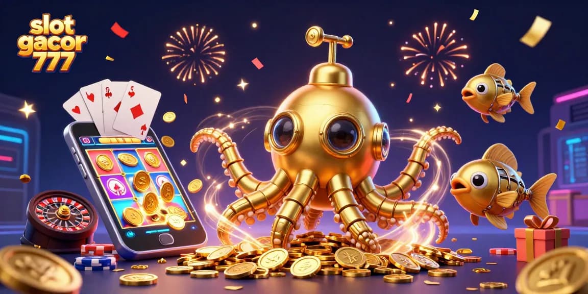 Experience thrilling gameplay with slot gacor 777; golden kraken submarine and jackpots in a vibrant casino scene.