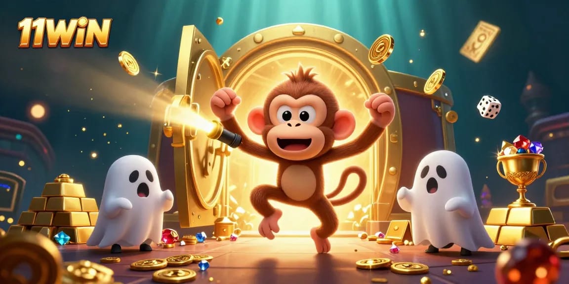 Engage with 11WIN in a lively haunted casino scene filled with golden treasures and playful characters.