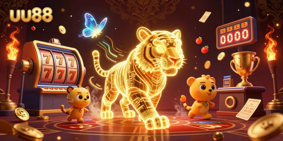 Winning big with uu88 in a vibrant digital casino filled with slot reels and golden treasures.