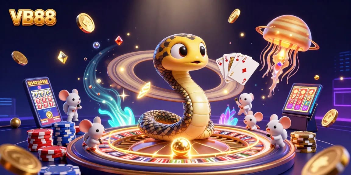 Place your bets on VB88 amidst a cosmic casino scene with vibrant slot and roulette elements.