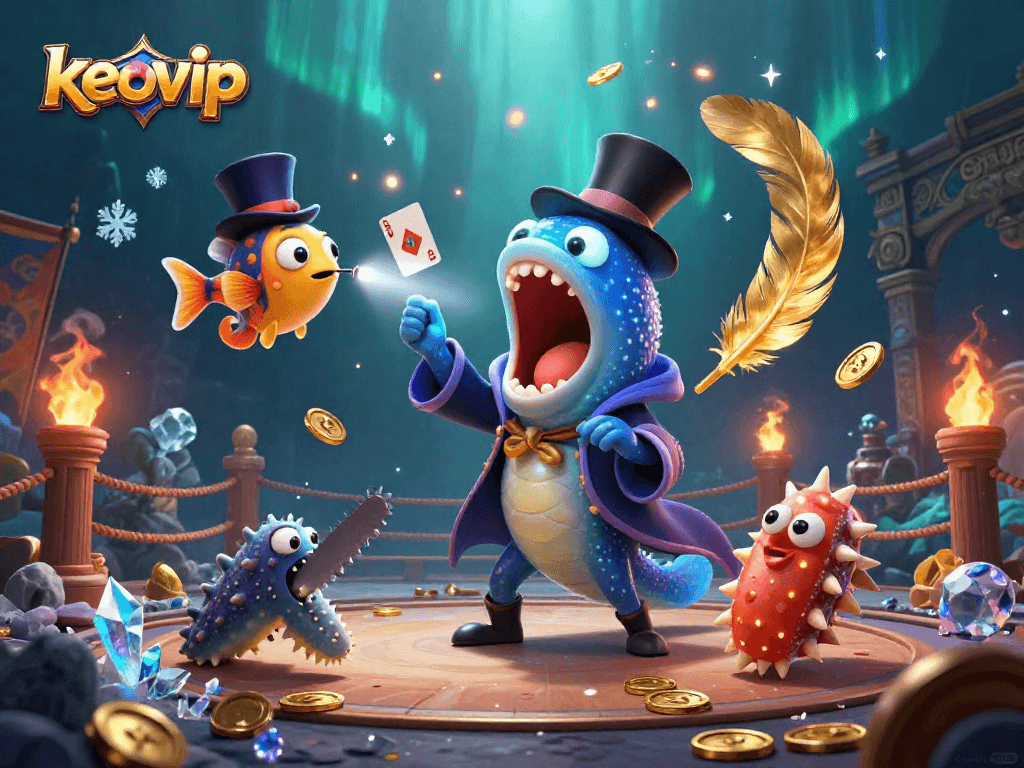 Experience vibrant keovip casino magic with deep-sea creatures performing thrilling tricks.