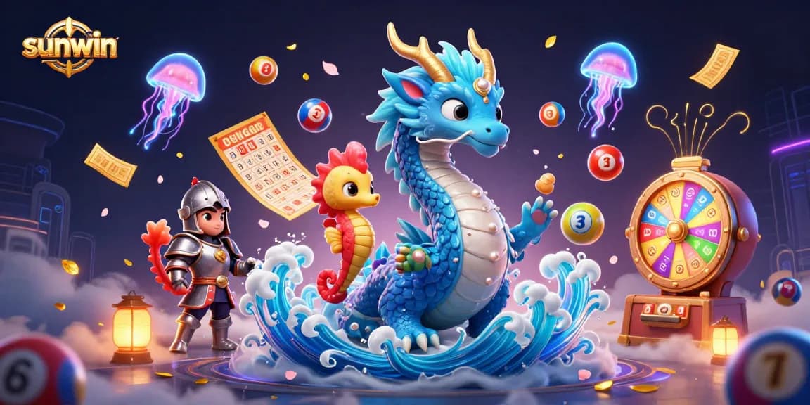 Engage with sunwin's vibrant lottery scene featuring a dragon and seahorse in a dazzling casino atmosphere.