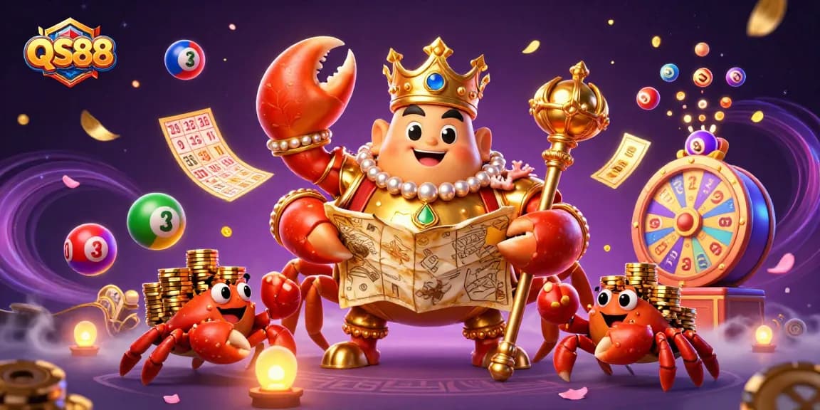 Experience QS88 with a golden crab emperor, vibrant lottery elements, and dynamic casino excitement.