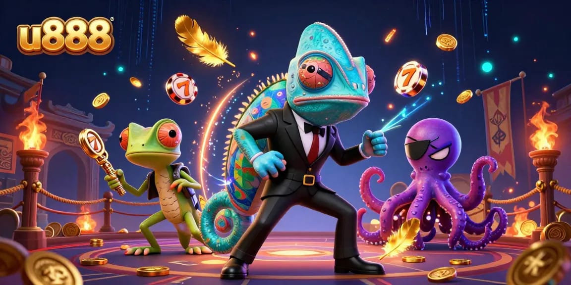 Spin the reels with u888's vibrant 3D casino illustration, showcasing thrilling slot action and dynamic characters.