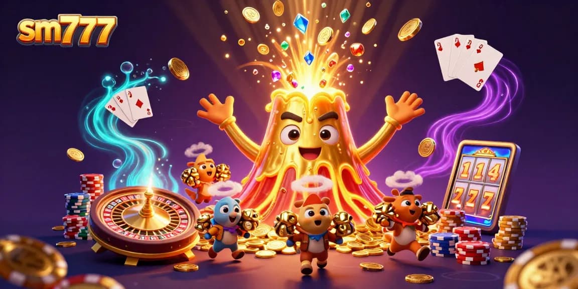 Engage with the thrill of SM777's gaming universe with erupting treasures and vibrant casino elements.