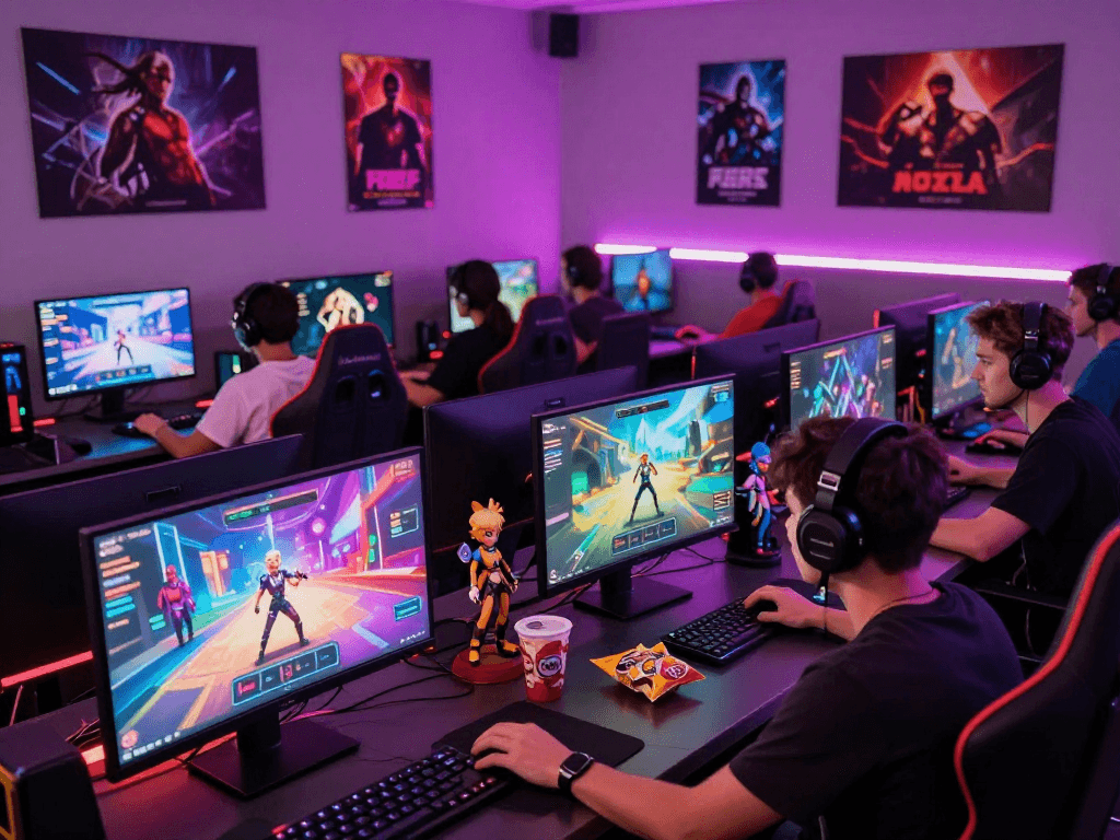 Engaged players enjoying various sex games online, colorful displays, vibrant gaming atmosphere.