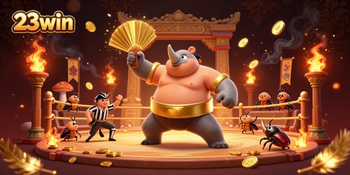 Experience excitement at 23win with a dynamic 3D illustration featuring a sumo beetle and betting action.