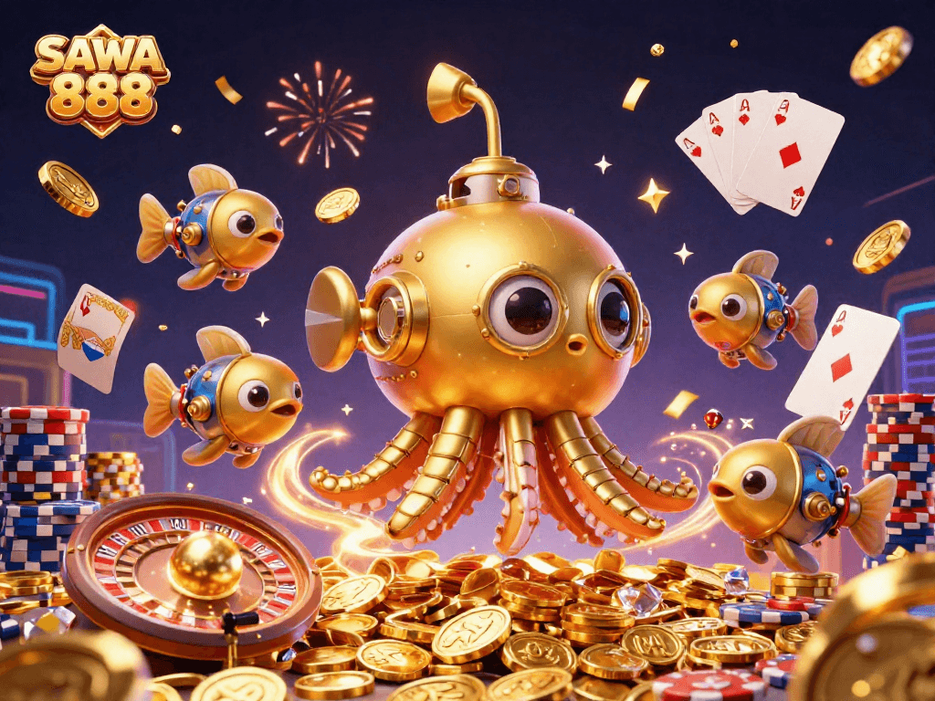 SAWA 888 showcases a golden kraken submarine amidst sparkling coins, perfect for casino enthusiasts.