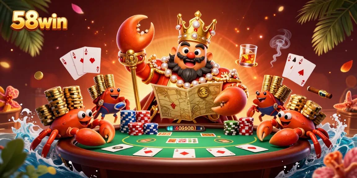 Experience thrilling gaming moments at 58win with our golden crab emperor in a vibrant casino scene