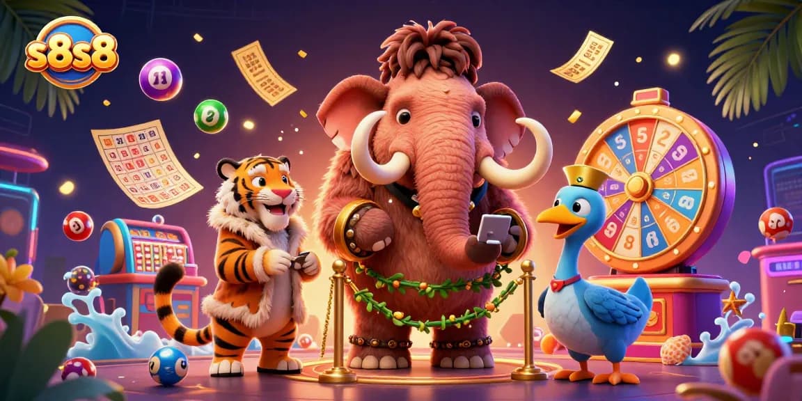 Engage with s8s8 as a vibrant 3D casino scene showcases unique characters and dynamic lottery elements.