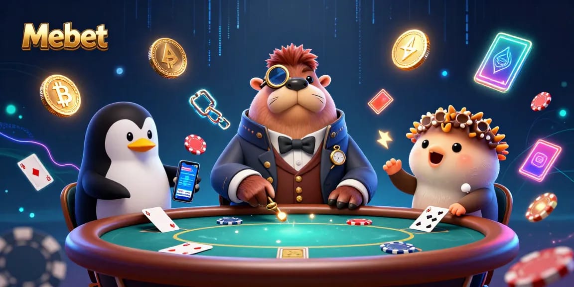 Mebet features a jolly walrus and sophisticated penguin dealer at an underwater poker table with dynamic gaming elements.