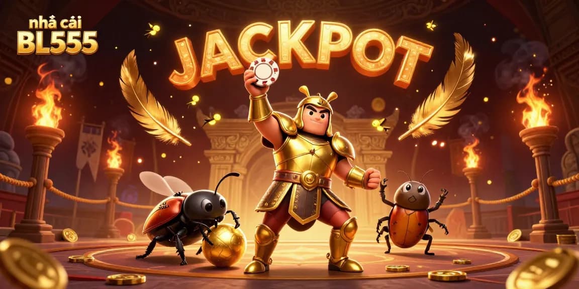 Experience thrills at nhà cái BL555 while witnessing a heroic beetle's poker chip triumph in a vibrant casino scene.