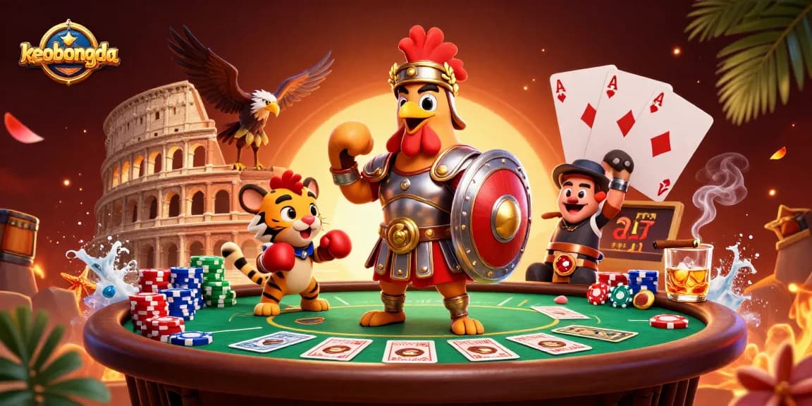 Engage in high-stakes bets with keobongda, displaying a dynamic poker showdown in a vibrant colosseum.