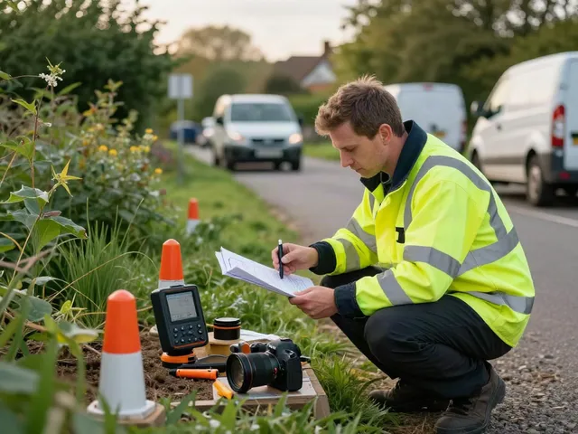 Utility Surveyors Surrey examining plans and GPR device in a professional setting.