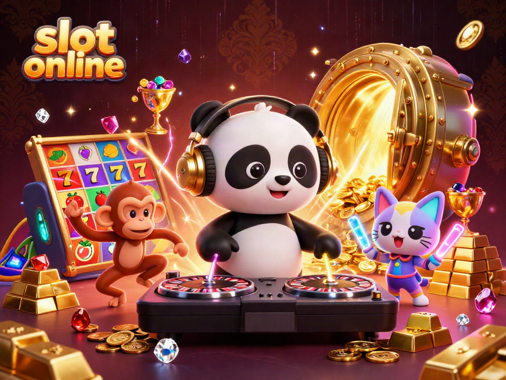 Experience the excitement of slot online with a dynamic 3D scene featuring cartoon characters and vibrant casino elements.