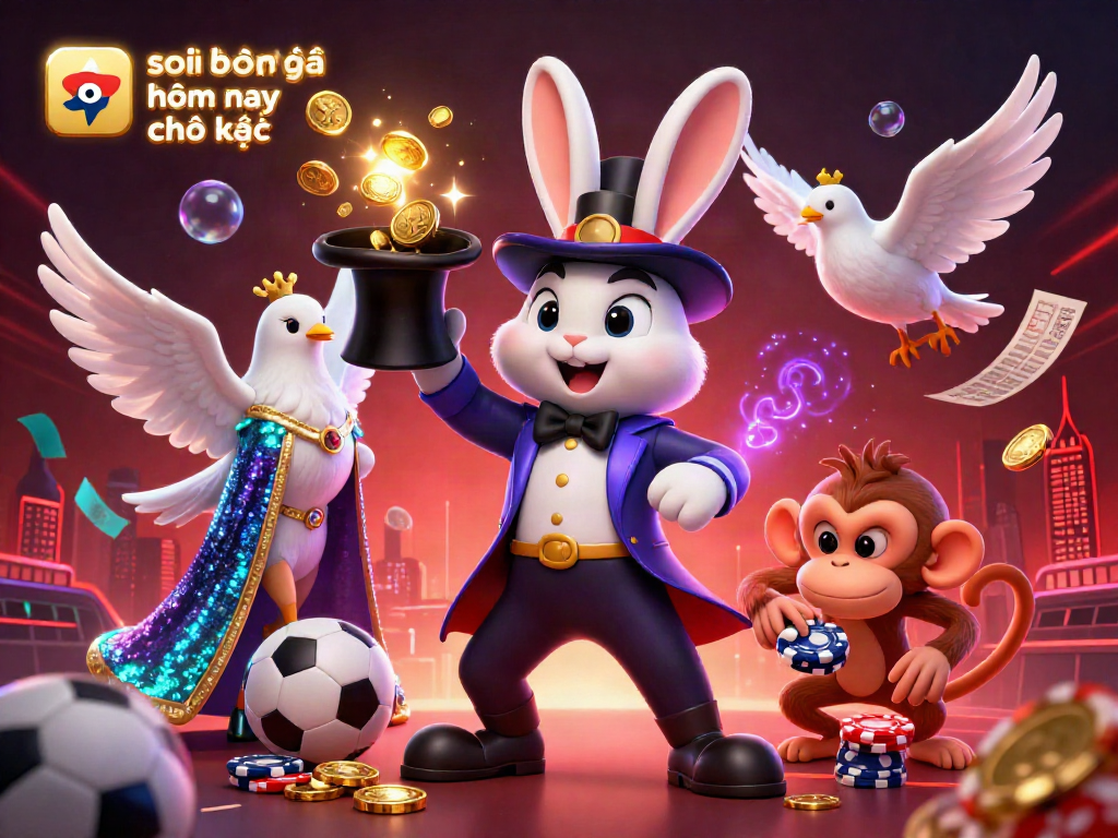 Engage with the soi kèo bóng đá hôm nay chính xác scene showcasing a magician rabbit, assistant dove, and playful monkey in a vibrant betting atmosphere.