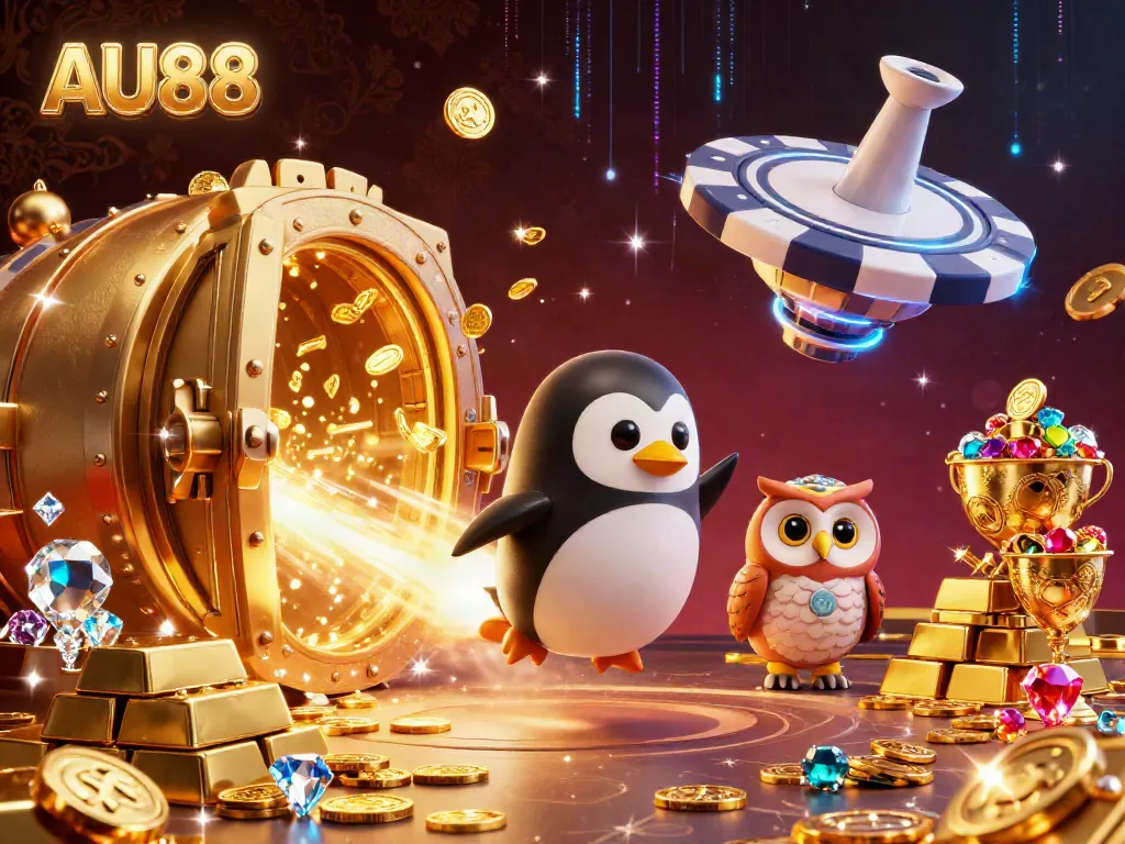Experience the thrill of AU88 as a golden penguin zooms towards a casino space station, surrounded by treasures.