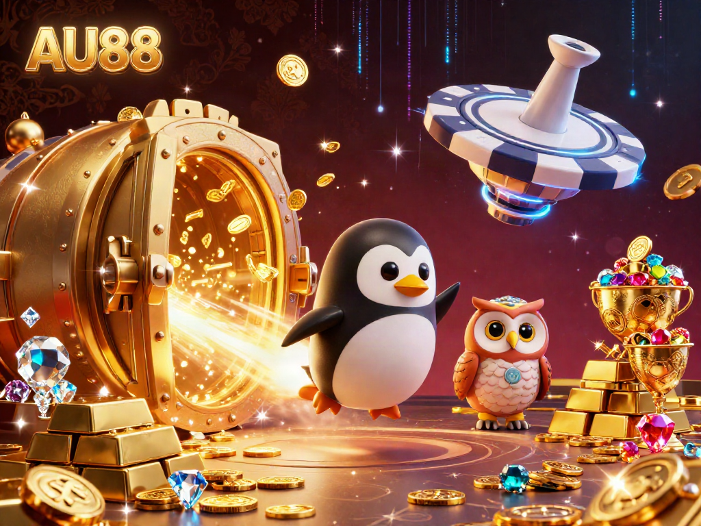 Experience the thrill of AU88 as a golden penguin zooms towards a casino space station, surrounded by treasures.
