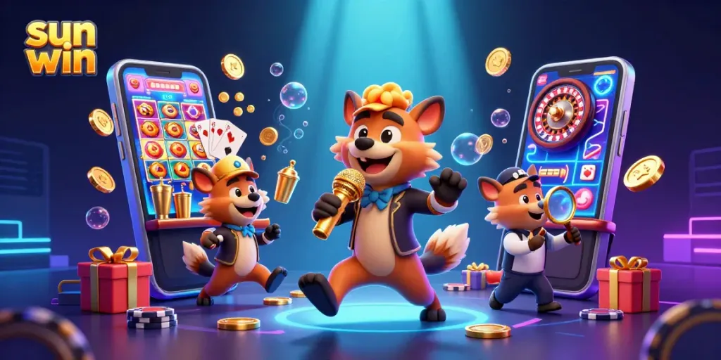 Experience thrilling gaming action at sun win, featuring lively hyenas in a vibrant casino setting.