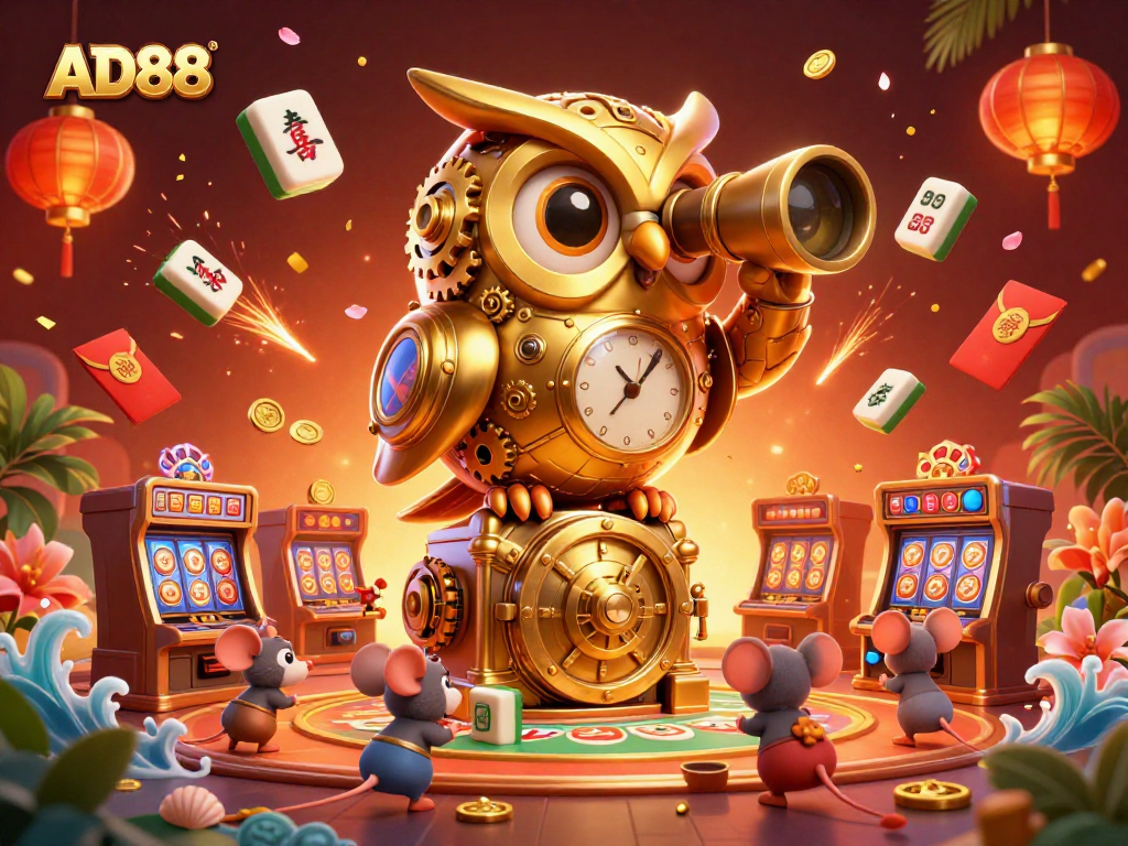 AD88 enhances gameplay with a clockwork golden owl overseeing micro patrons and dynamic casino elements.