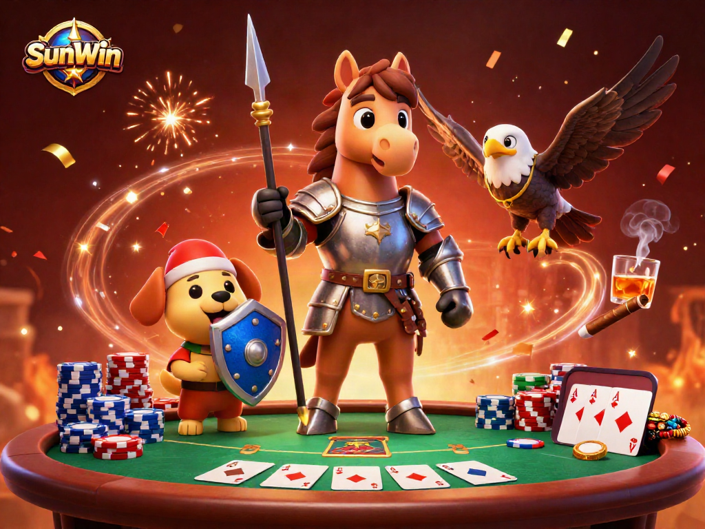 Experience excitement at SunWin's vibrant casino with knight, puppy, and falcon amidst poker action.