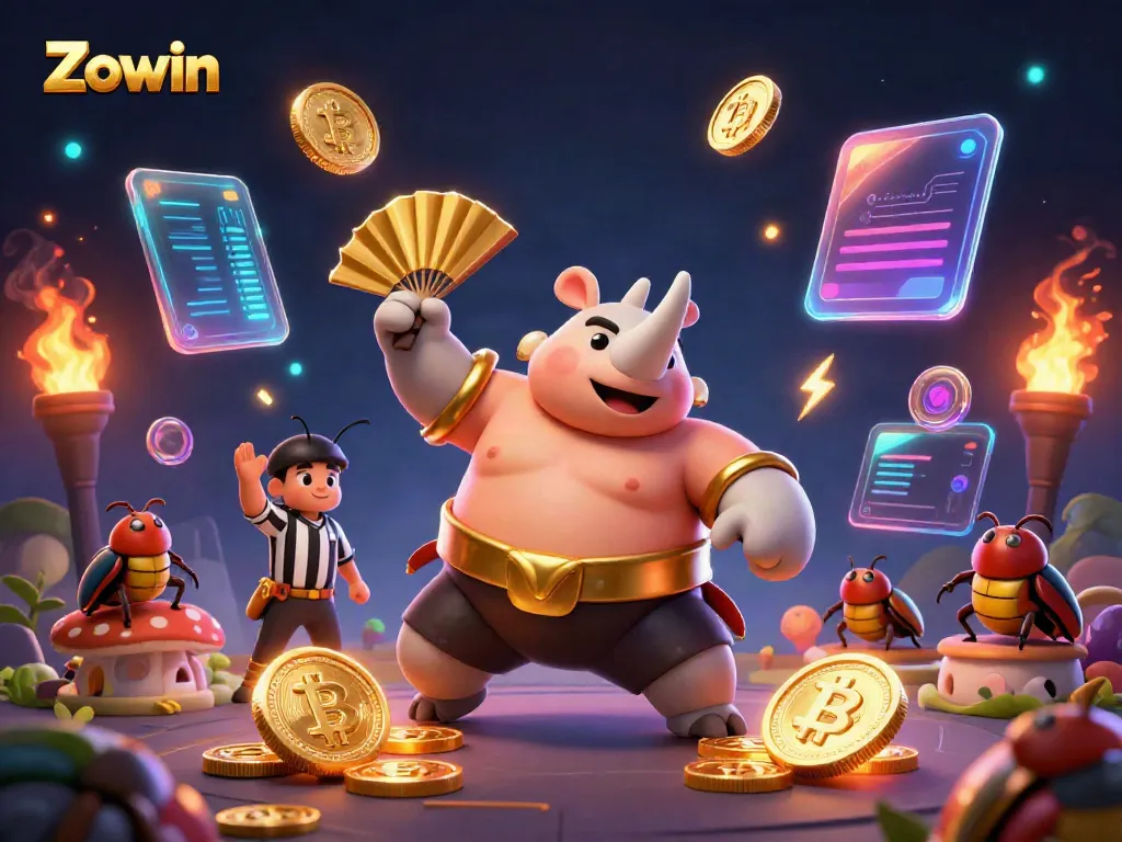 Experience the thrilling gameplay of Zowin with a dynamic 3D illustration of a sumo champion beetle.