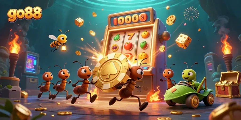 Experience thrilling fun at go88 with lively ants heisting a golden poker chip among dynamic casino visuals.