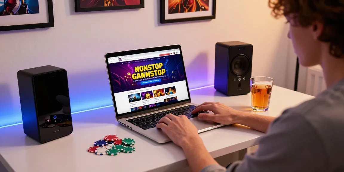 Engaging home gaming setup showcasing a non gamstop casino experience with a laptop and colorful casino chips.