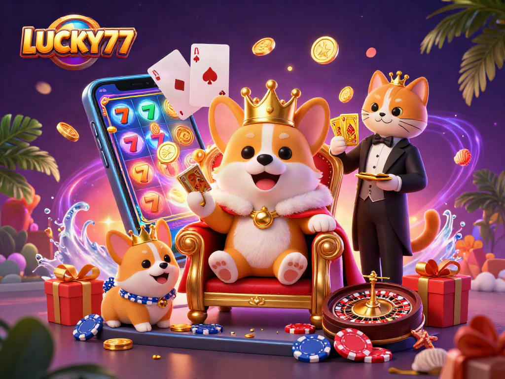 Experience the thrilling action of LUCKY77 slots with a vibrant 3D casino scene filled with fun!