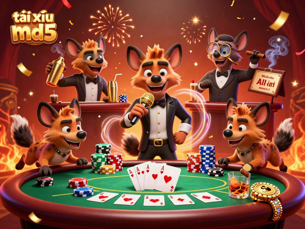 Experience the lively atmosphere of tài xỉu md5 in a dynamic casino scene with hyenas and vibrant poker elements.