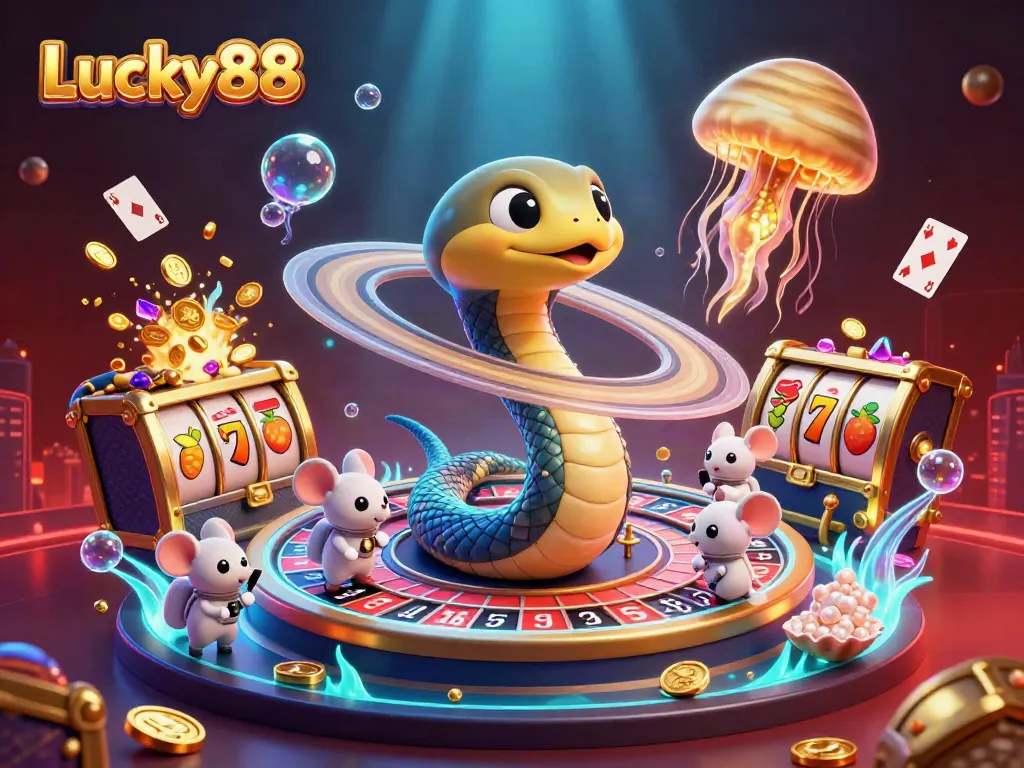 Spin and win with Lucky88, an energetic 3D casino illustration showcasing vibrant casino elements and cosmic characters.