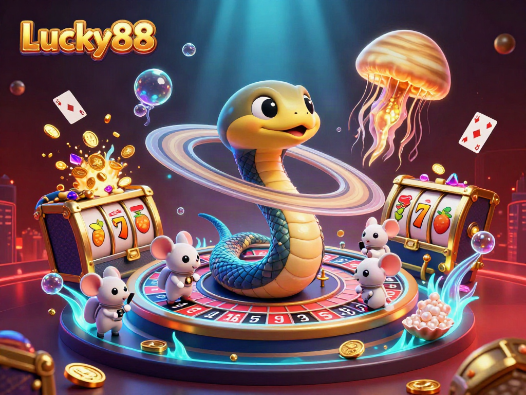 Spin and win with Lucky88, an energetic 3D casino illustration showcasing vibrant casino elements and cosmic characters.