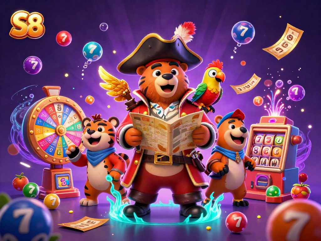 Experience thrilling gameplay with S8 at this lively casino-themed illustration featuring vibrant characters.