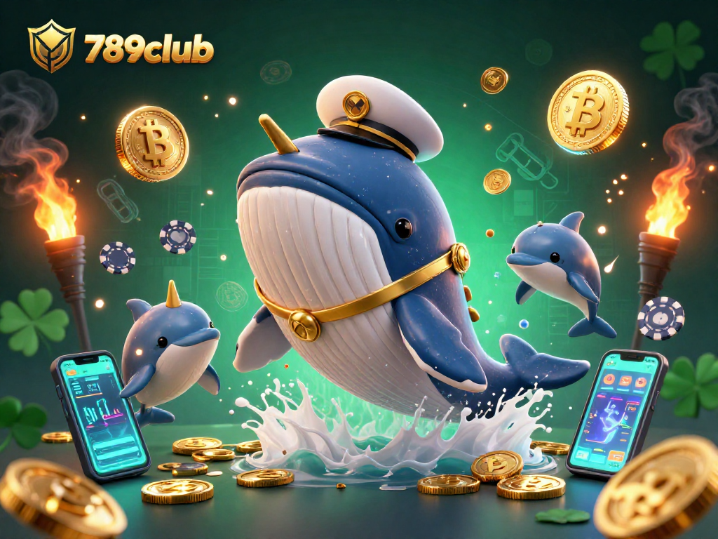 Experience the excitement at 789club with a cartoon whale and vibrant gaming elements in action.