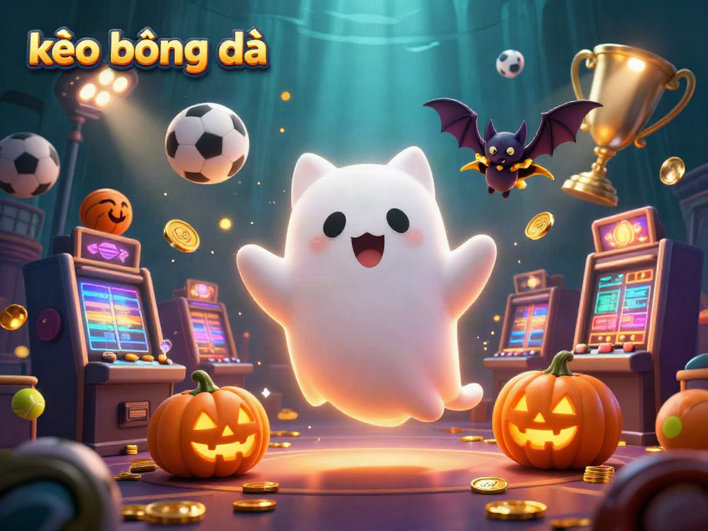 Experience kèo bóng đá with a ghost cat and bat in a vibrant casino scene, showcasing thrilling sports elements.