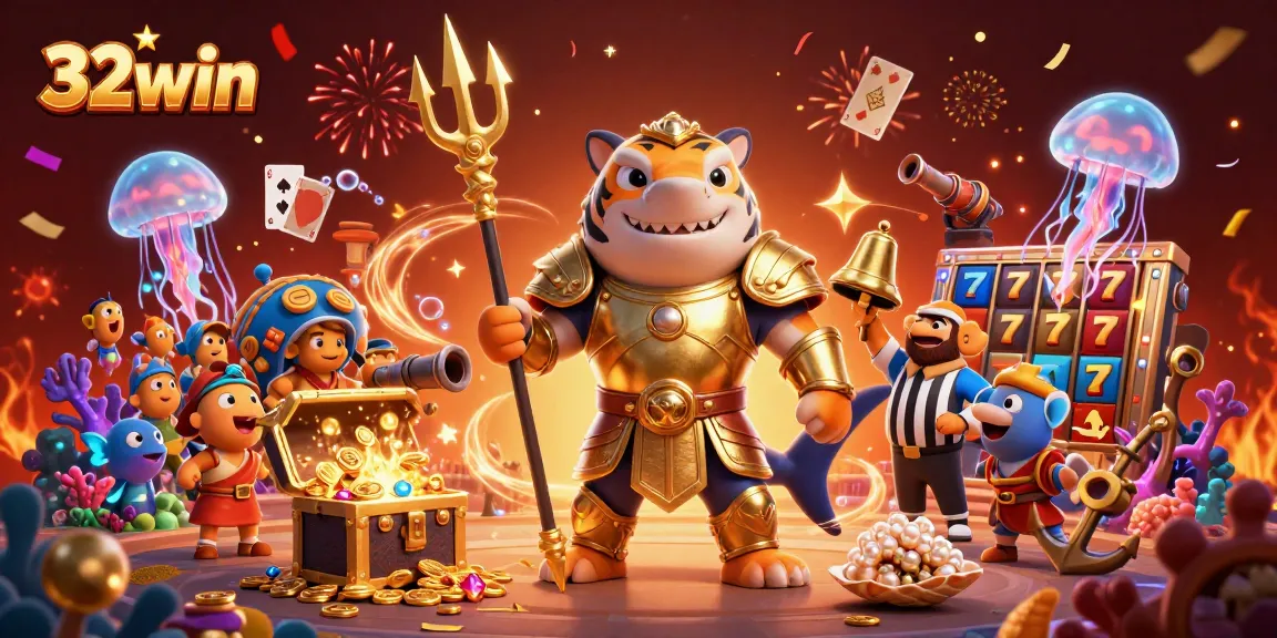 Experience 32win's thrilling underwater slot adventure with a fierce golden shark and treasure!