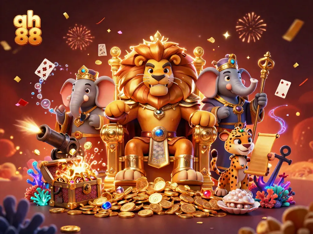 Experience exciting gameplay at qh 88 with a brave lion king, wise elephant, and swift cheetah in a splendid casino scene.