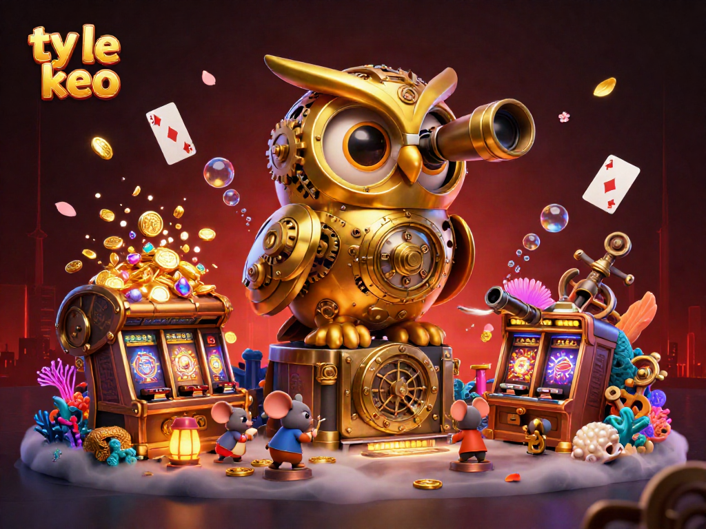 Engaging scene of ty le keo with a golden owl and animated mice in a vibrant casino