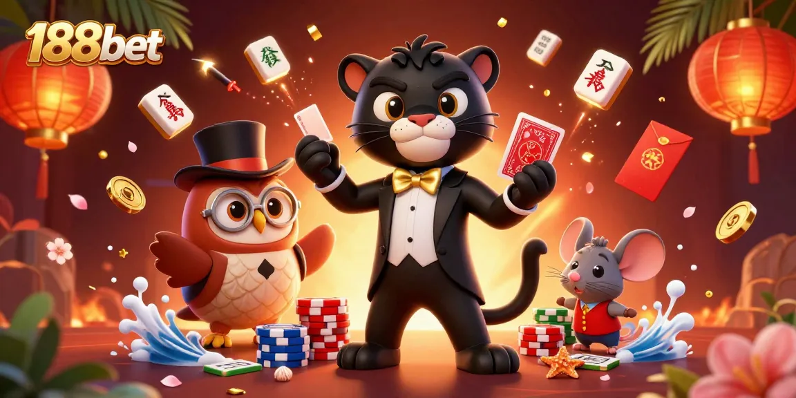 Engage with 188bet through a vibrant casino scene featuring a stylish panther and a charming owl.