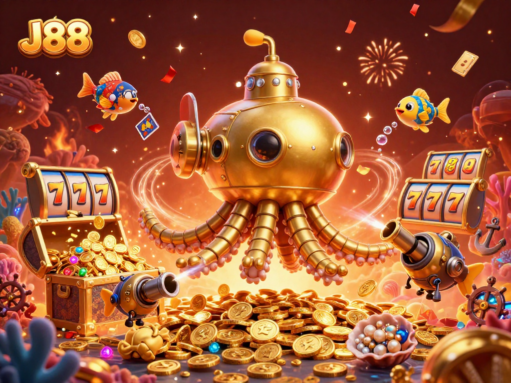 Engage with J88's vibrant gaming world featuring golden kraken and underwater treasures.