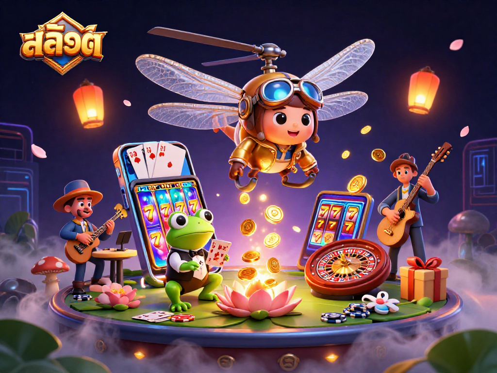 Engaging สล็อต scene with a dragonfly pilot and frog croupier showcasing lively casino action.