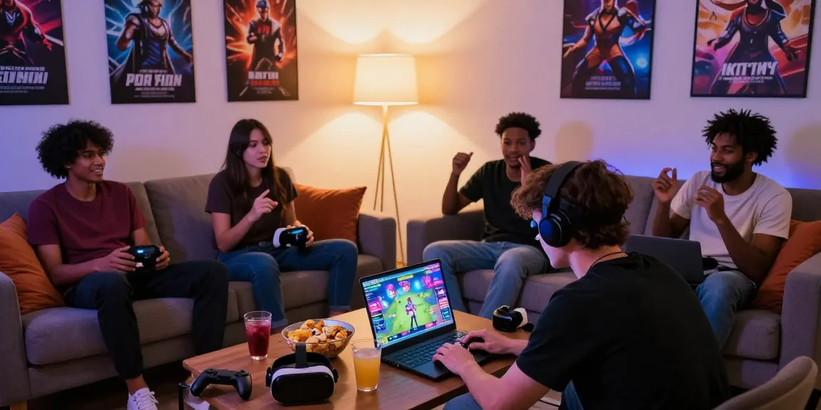 Play hentai games in a cozy living room with diverse gamers enjoying colorful graphics and lively discussions.