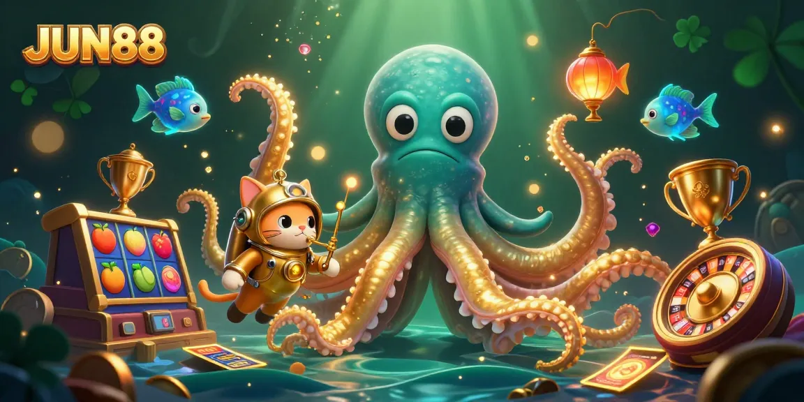 Experience thrilling gaming with JUN88 featuring a dynamic kraken and diving cat in a vibrant casino scene.