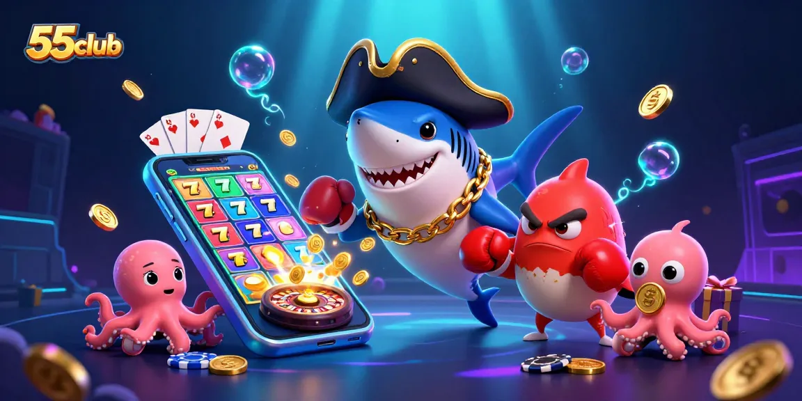 Engage with thrilling casino games at 55club featuring a lively scene with exciting characters!