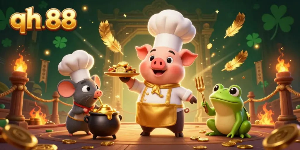 Engaging illustration of qh 88 with a chef pig and golden coins, showcasing gambling excitement.