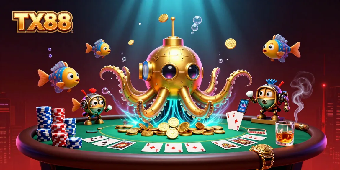 Experience TX88's thrilling poker game with golden kraken submarine surfacing amidst poker chips.