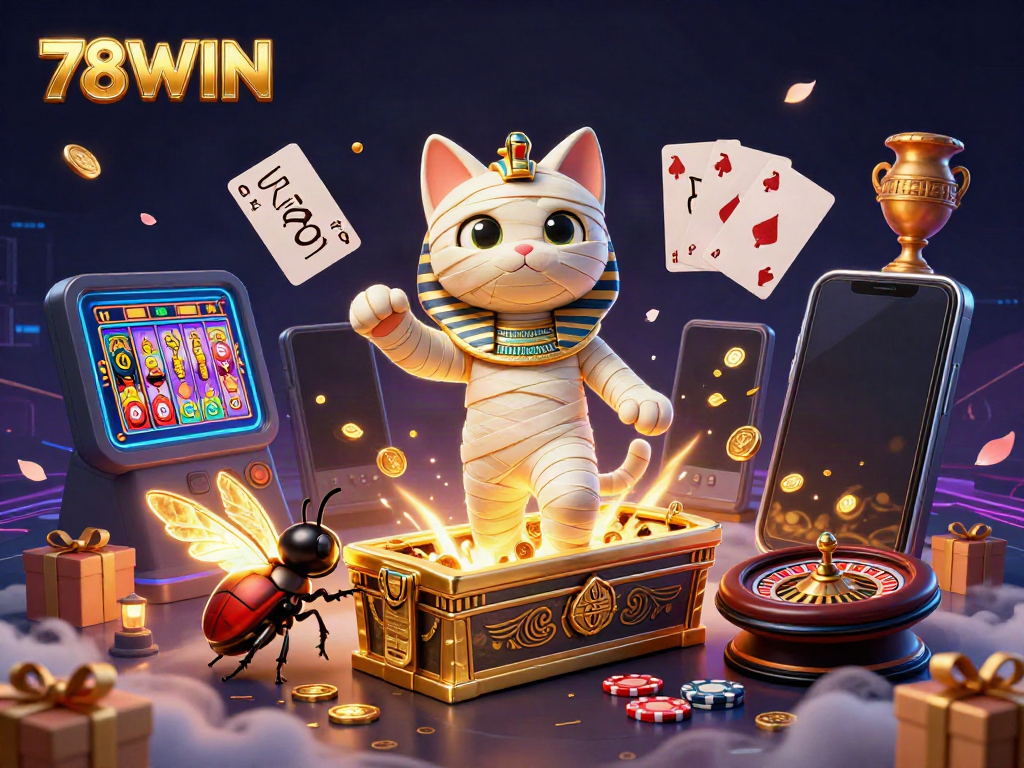 78WIN showcases thrilling casino adventures with a mummy cat and scarab beetle, bursting with energy.
