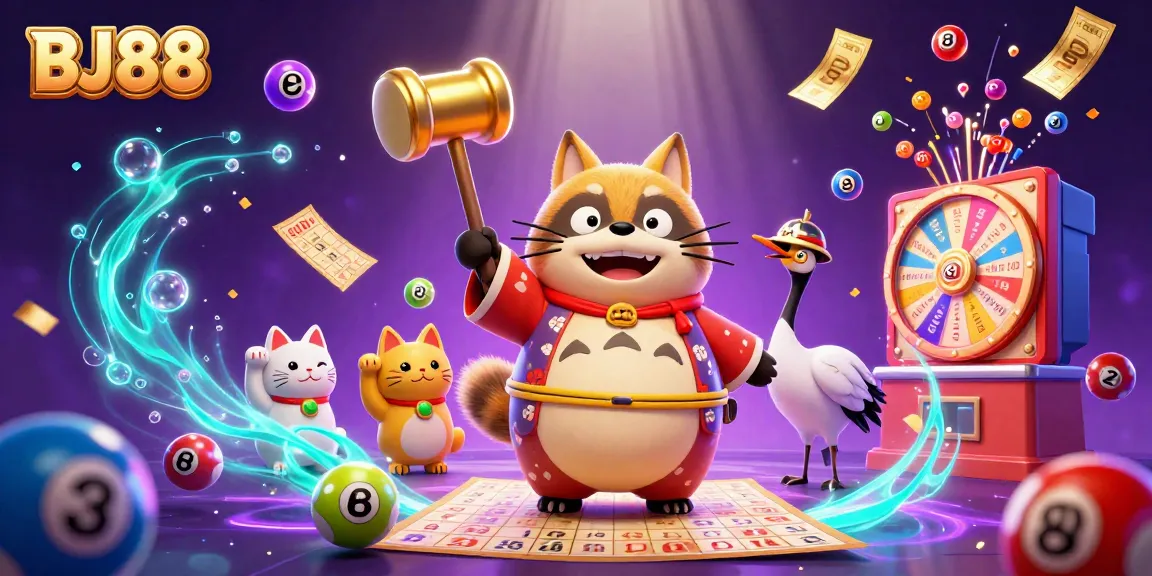 Engage with the vibrant scene at BJ88 featuring a cheerful tanuki and maneki-neko fortune cats surrounded by dynamic lottery elements.