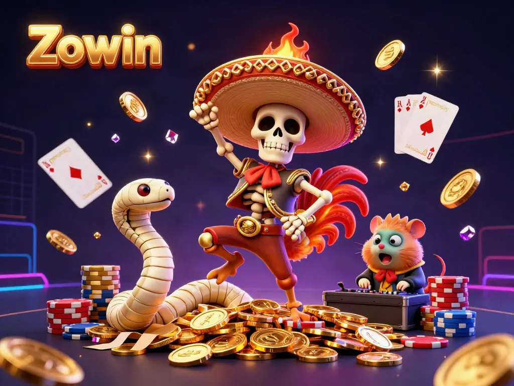 Engage with Zowin's vibrant casino world featuring animated characters and dynamic game elements.