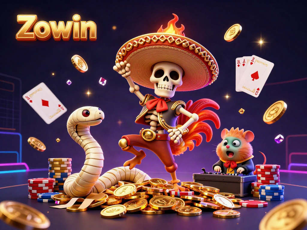 Engage with Zowin's vibrant casino world featuring animated characters and dynamic game elements.